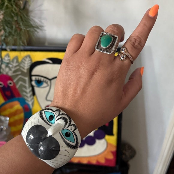 Vintage Jewelry - Vintage Hand Painted Cat Wooden Cuff Bracelet Rare